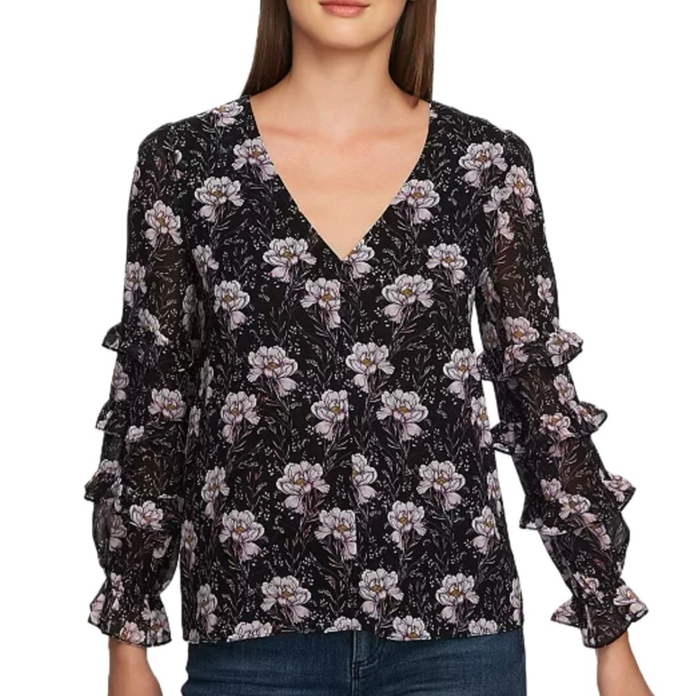 1 State Floral Tiered Ruffle Sleeve Blouse Size Small V-Neck Whimsigoth Fairy